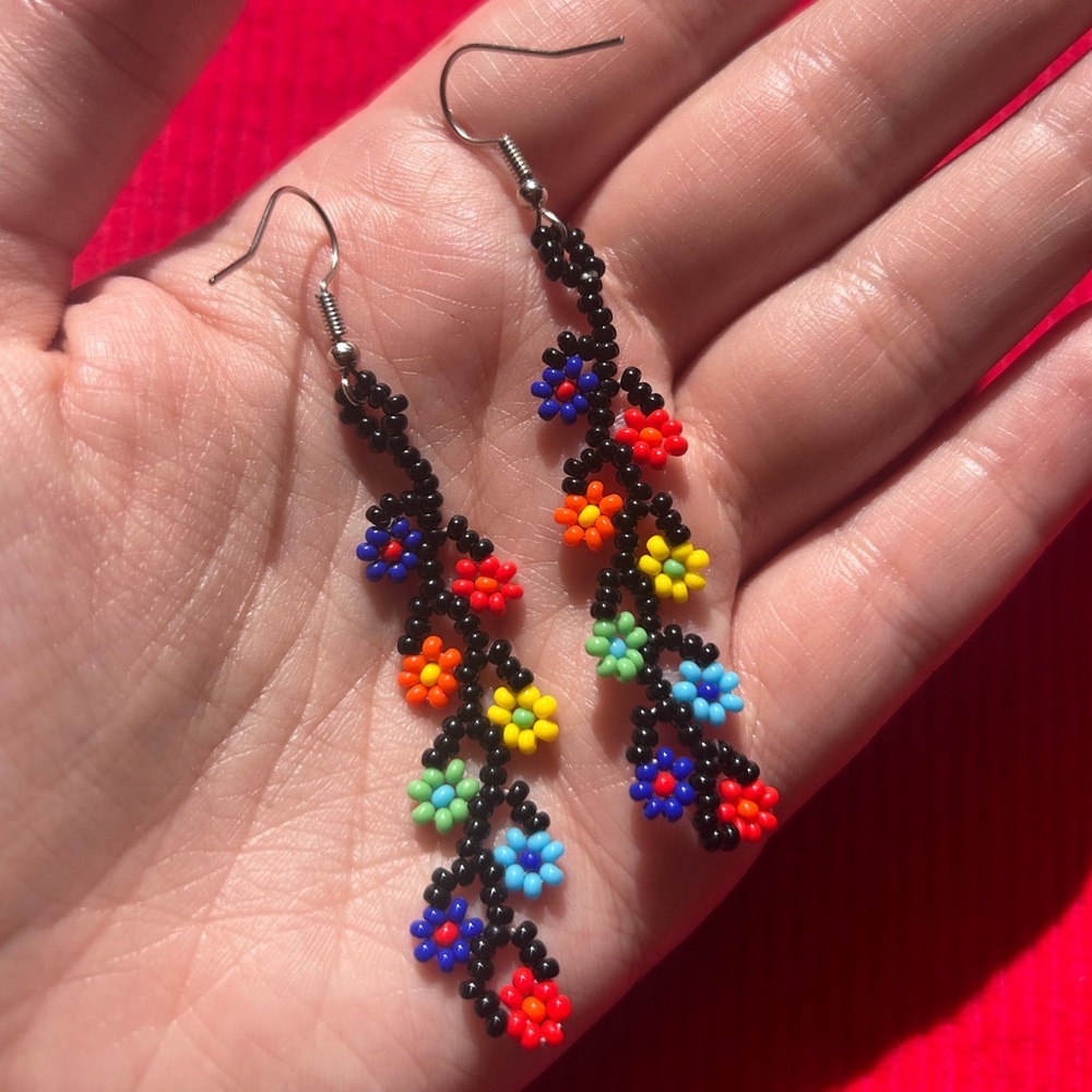 Vintage 90s Handmade Beaded Flower Dangle Earrings Rainbow Boho Festival Jewelry
